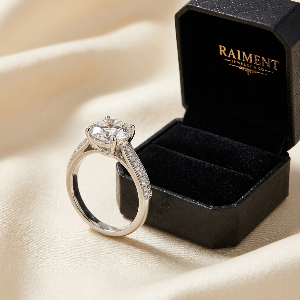 Moissanite pave shoulder ring styled beside jewelry box on cream, Raiment Jewelry & Co.