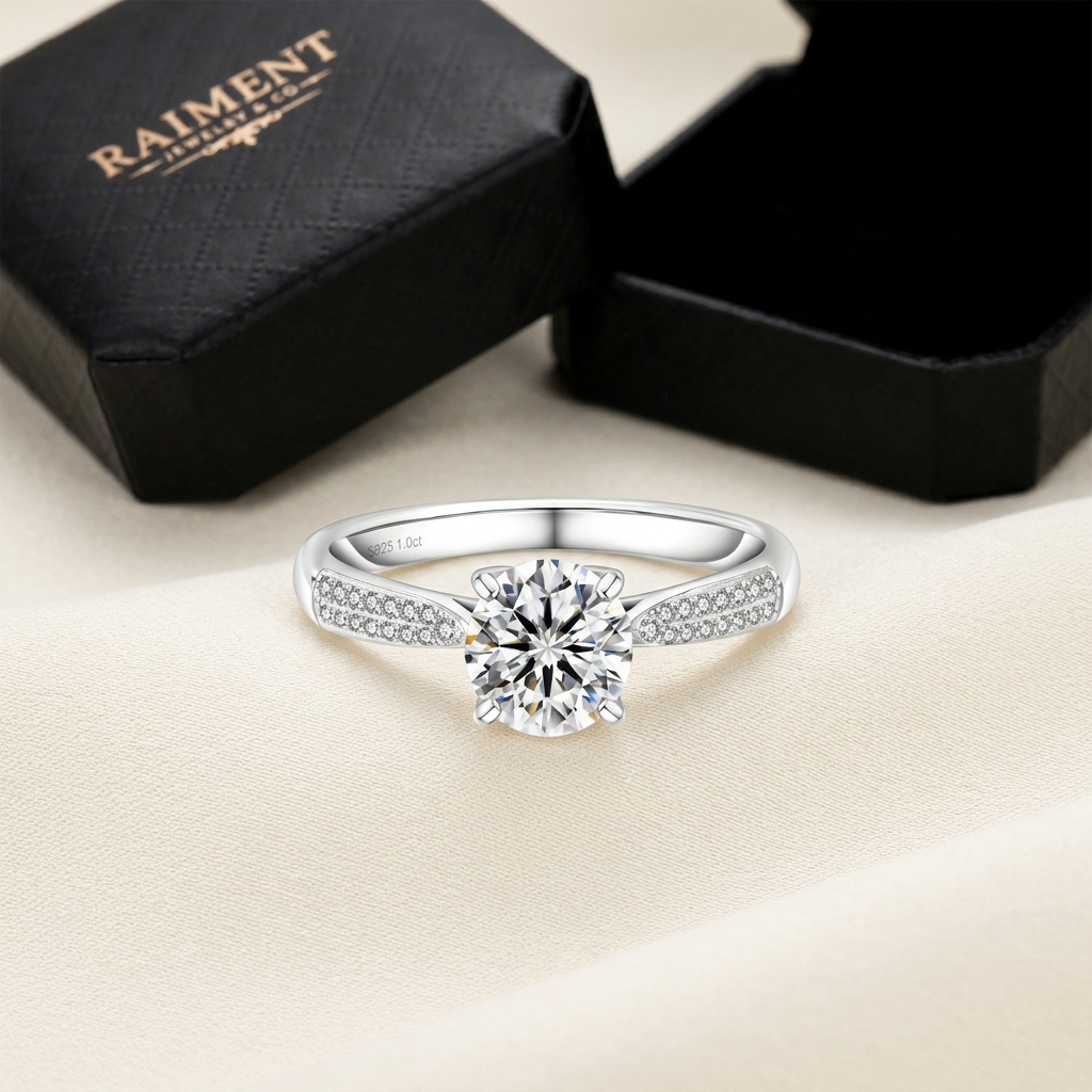 Moissanite pave shoulder ring on cream background, Raiment Jewelry & Co.