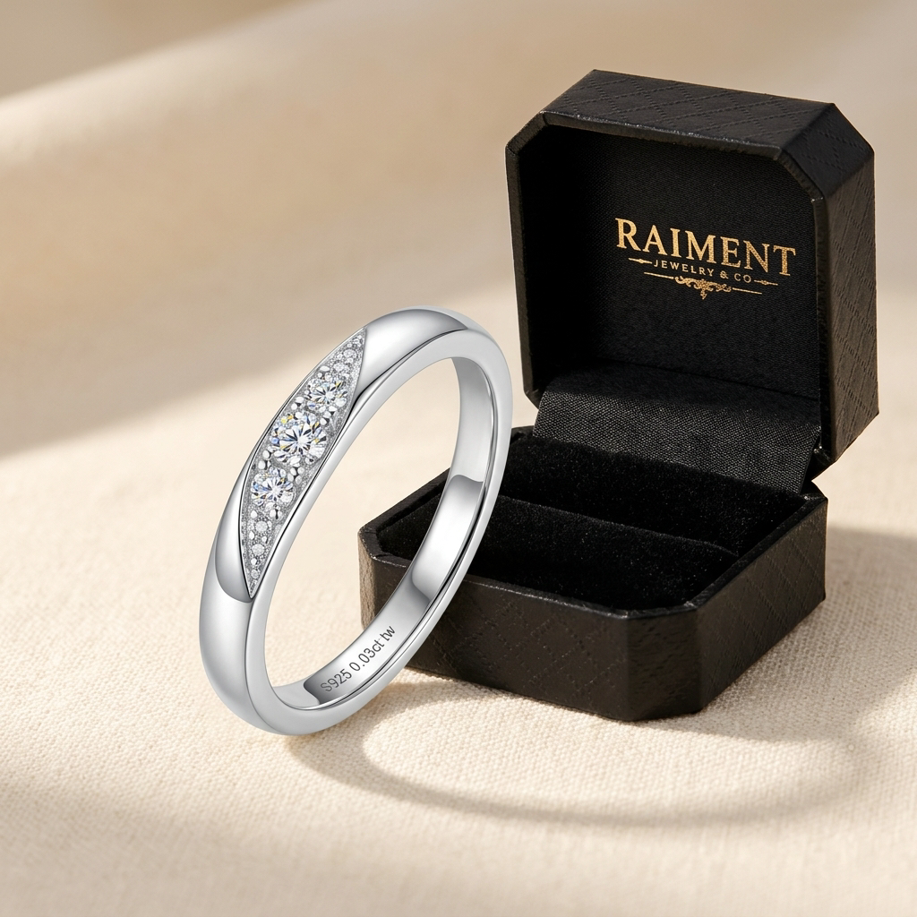 Moissanite trio cluster ring styled beside jewelry box on cream, Raiment Jewelry & Co.