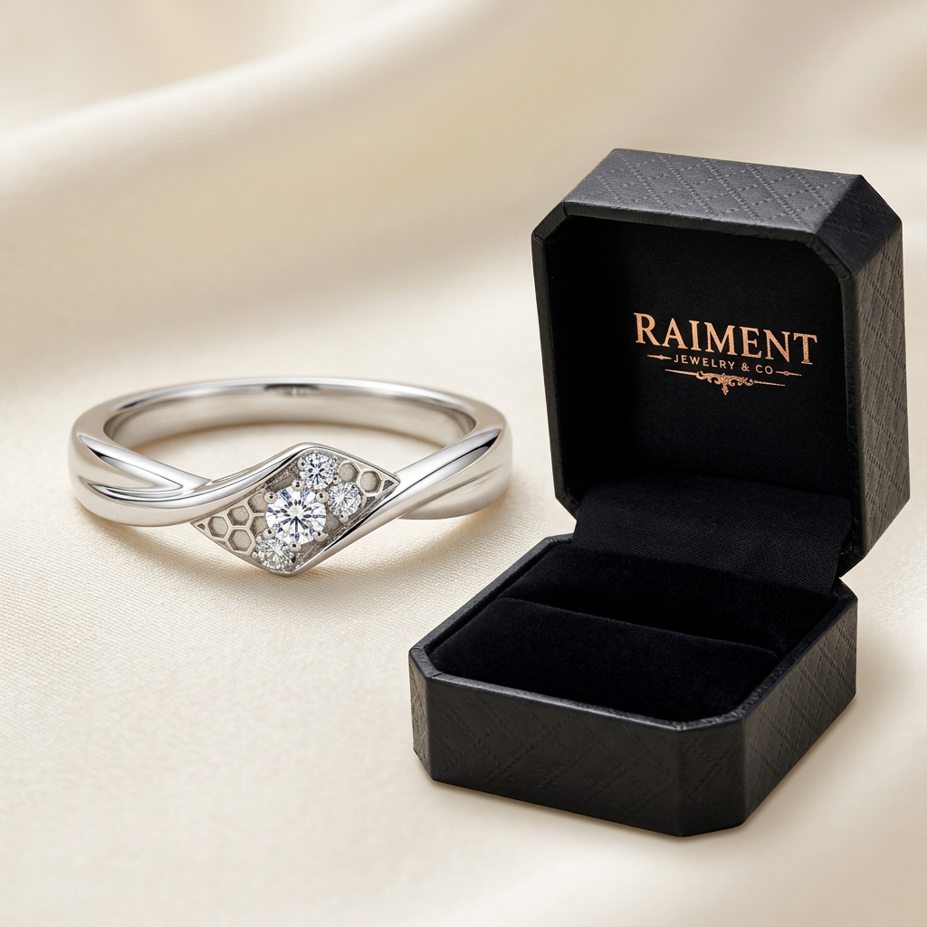 Raiment Jewelry & Co. moissanite honeycomb band ring beside open jewelry box on cream background