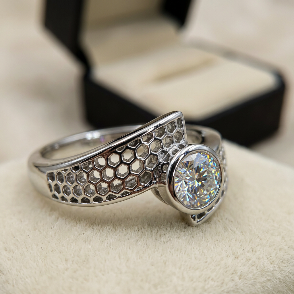 Moissanite honeycomb band ring macro close-up, Raiment Jewelry & Co.