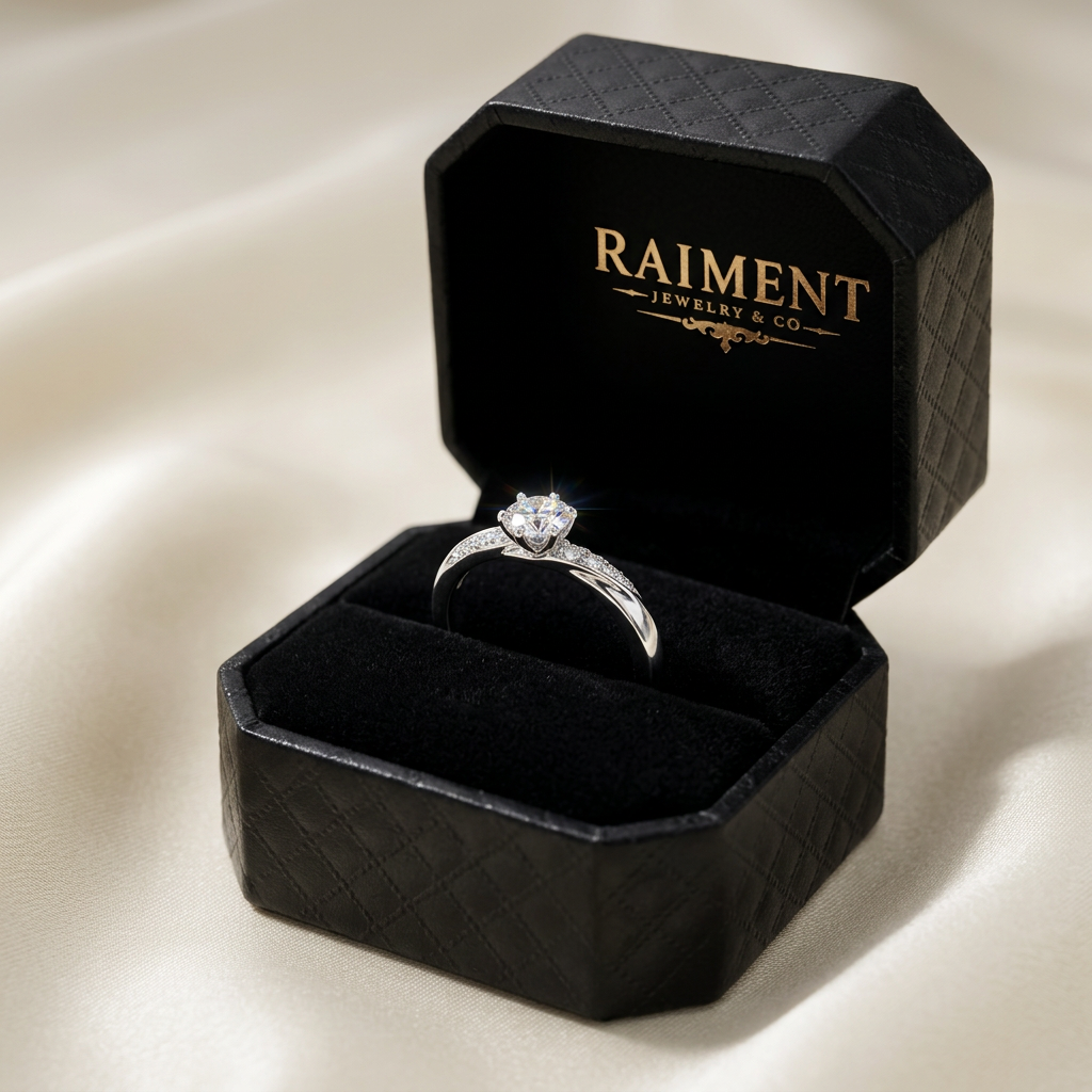 Moissanite honeycomb band ring inside open jewelry box, Raiment Jewelry & Co.