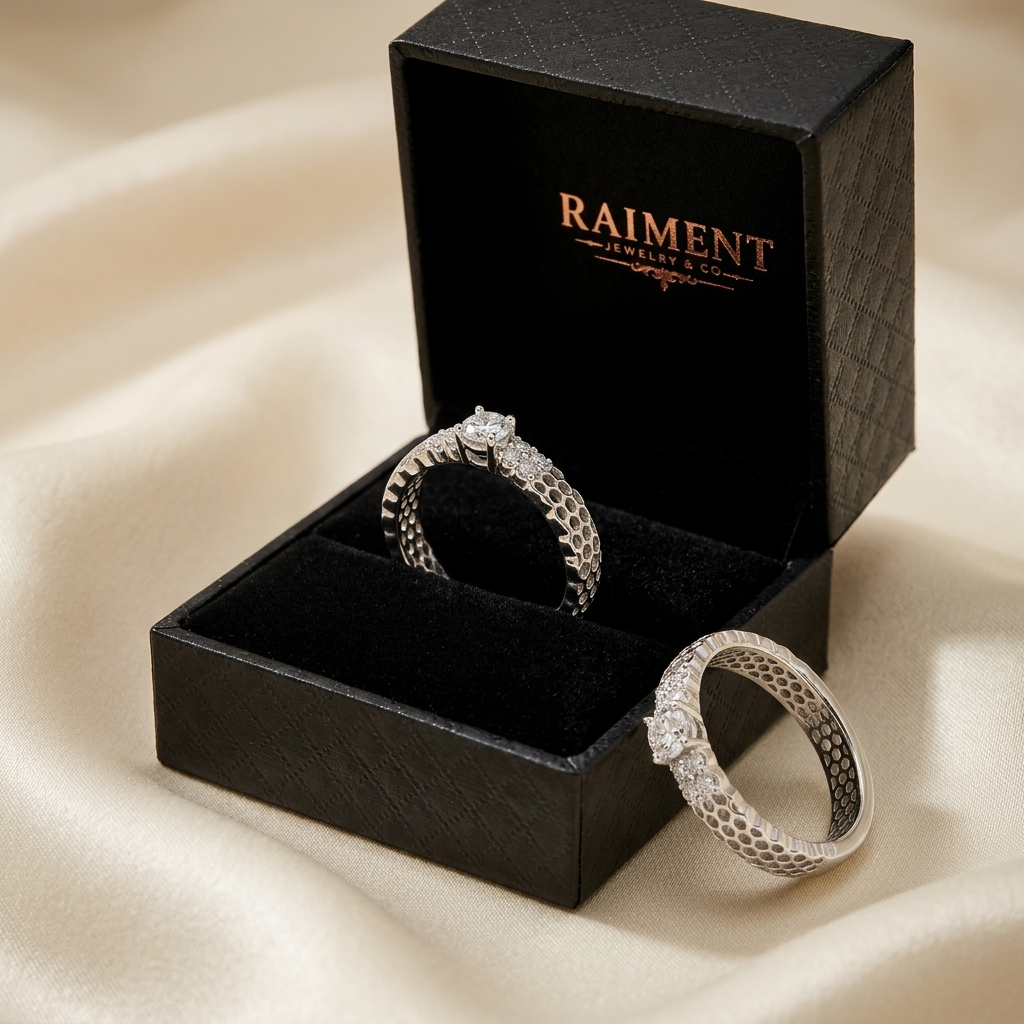 Moissanite honeycomb band ring styled beside jewelry box on cream, Raiment Jewelry & Co.