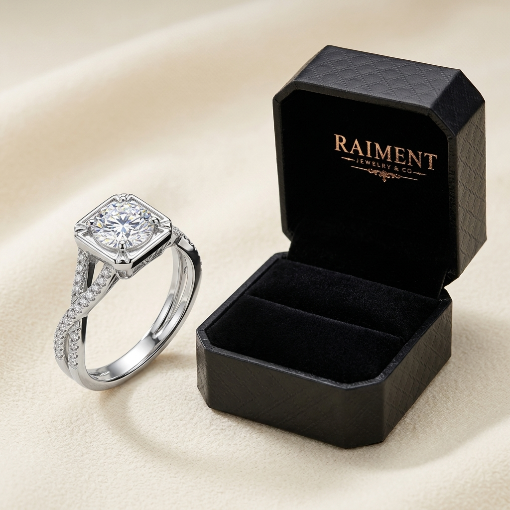 Raiment Jewelry & Co. moissanite twist band ring beside open jewelry box on cream background