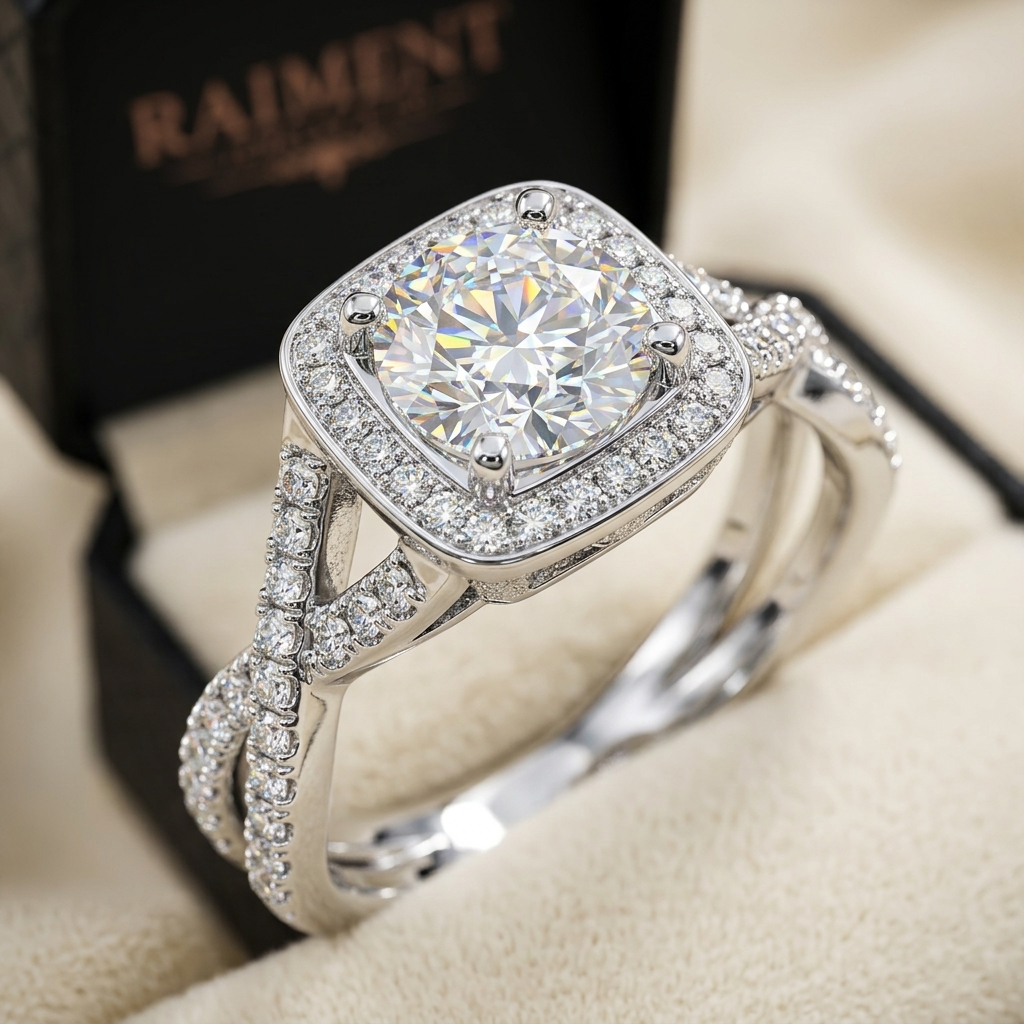 Moissanite twist band ring macro close-up, Raiment Jewelry & Co.