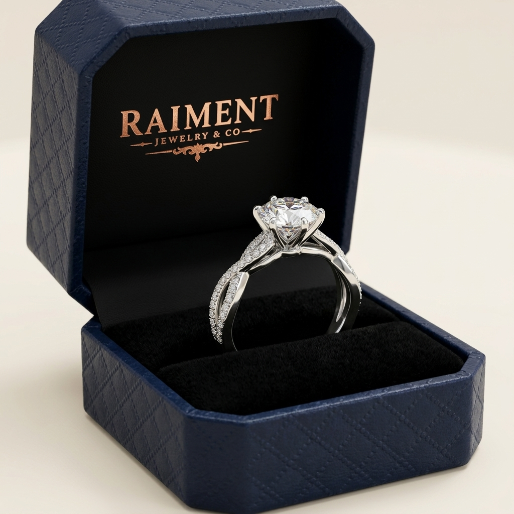 Moissanite twist band ring inside open jewelry box, Raiment Jewelry & Co.