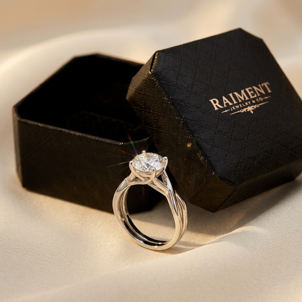Moissanite twist band ring styled beside jewelry box on cream, Raiment Jewelry & Co.