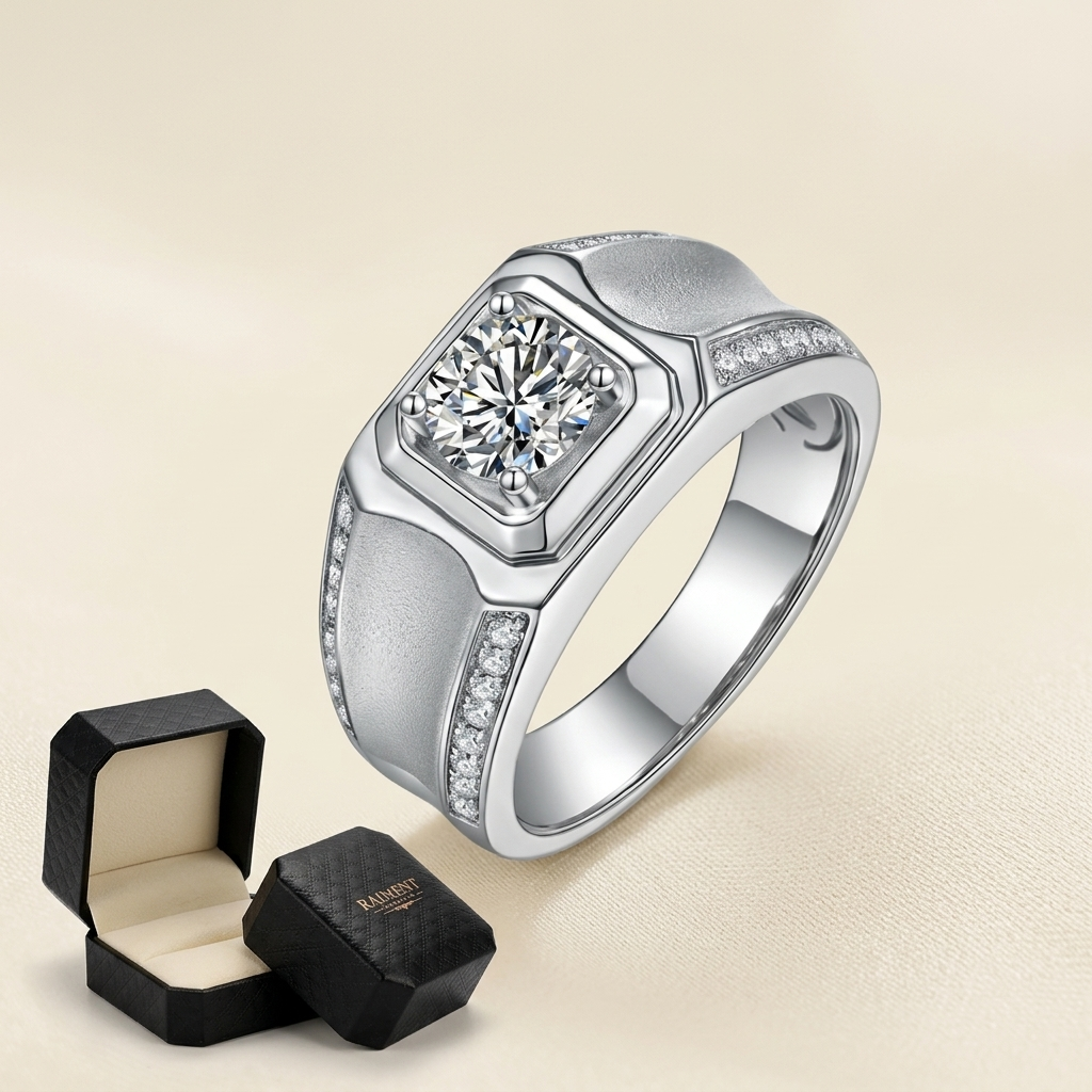 Moissanite twist band ring on cream background, Raiment Jewelry & Co.