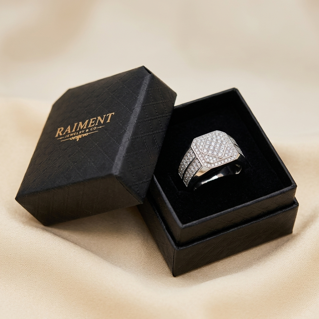 Moissanite vine ring inside open jewelry box, Raiment Jewelry & Co.