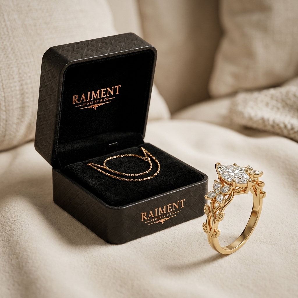 Moissanite vine ring styled beside jewelry box on cream, Raiment Jewelry & Co.