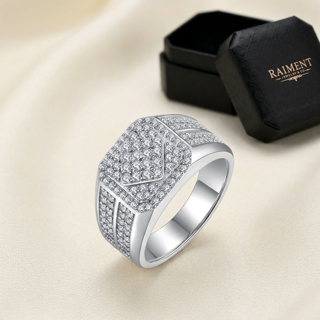 Moissanite vine ring on cream background, Raiment Jewelry & Co.