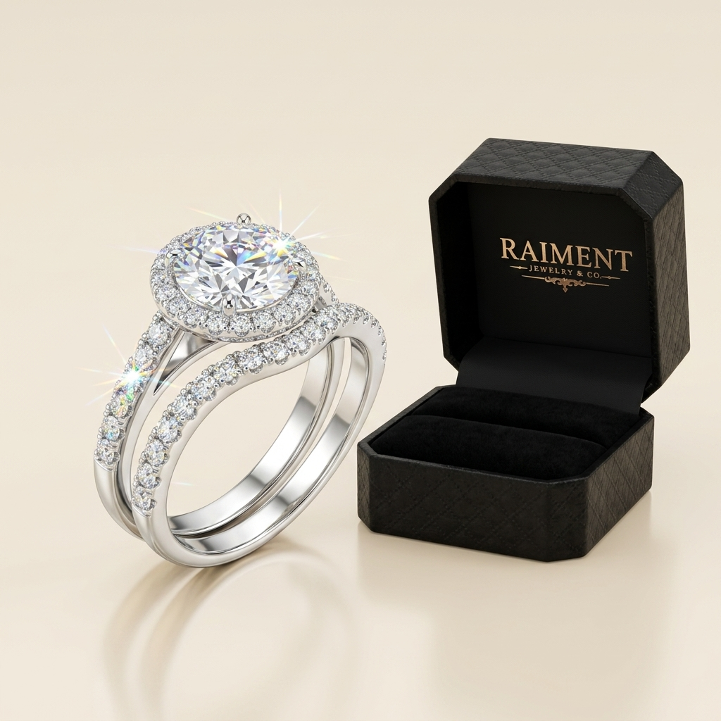 Raiment Jewelry & Co. moissanite V-halo ring beside open jewelry box on cream background