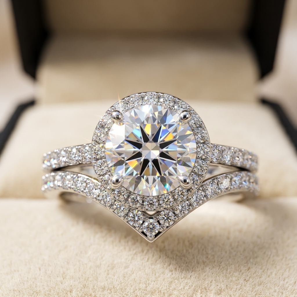 Moissanite V-halo ring macro close-up, Raiment Jewelry & Co.