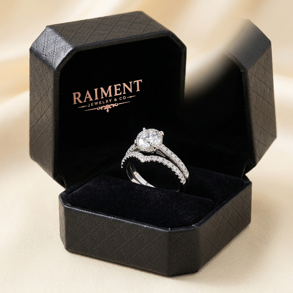 Moissanite V-halo ring inside open jewelry box, Raiment Jewelry & Co.
