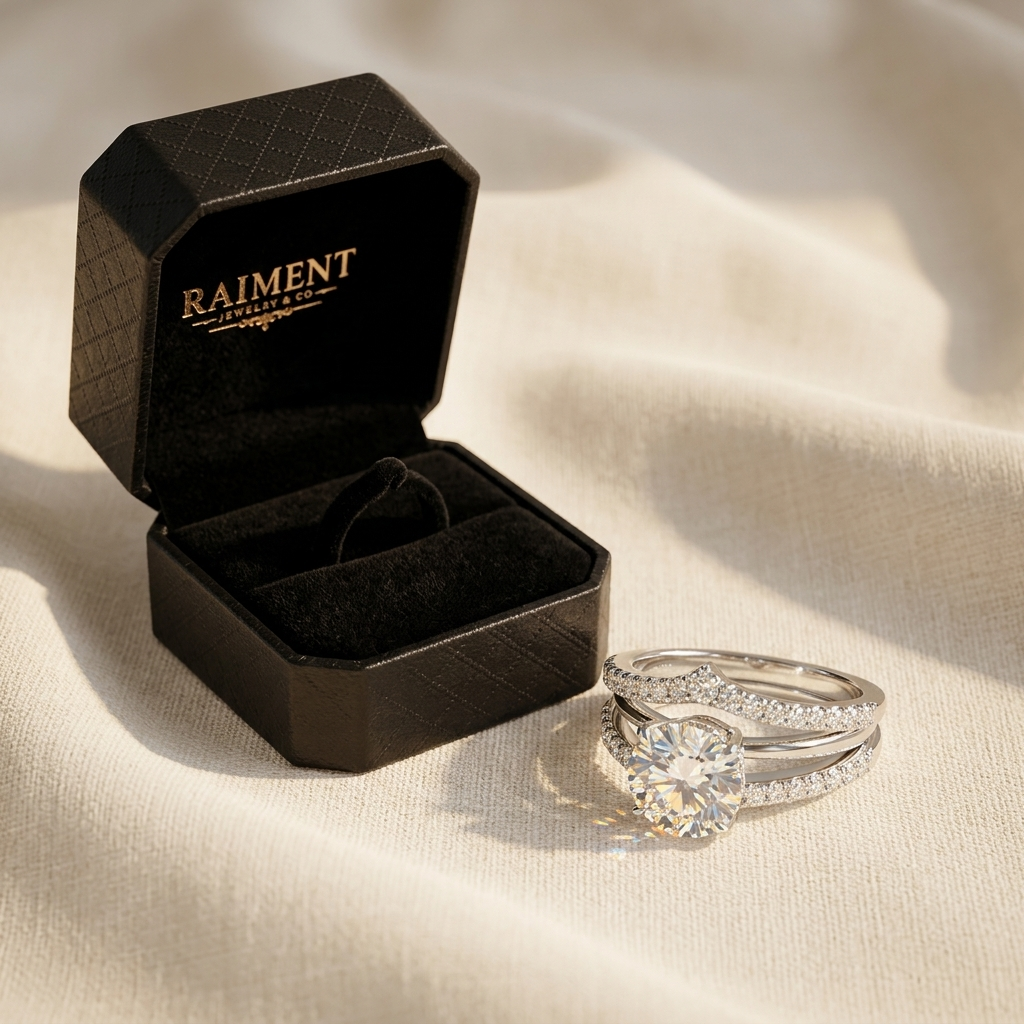 Moissanite V-halo ring styled beside jewelry box on cream, Raiment Jewelry & Co.