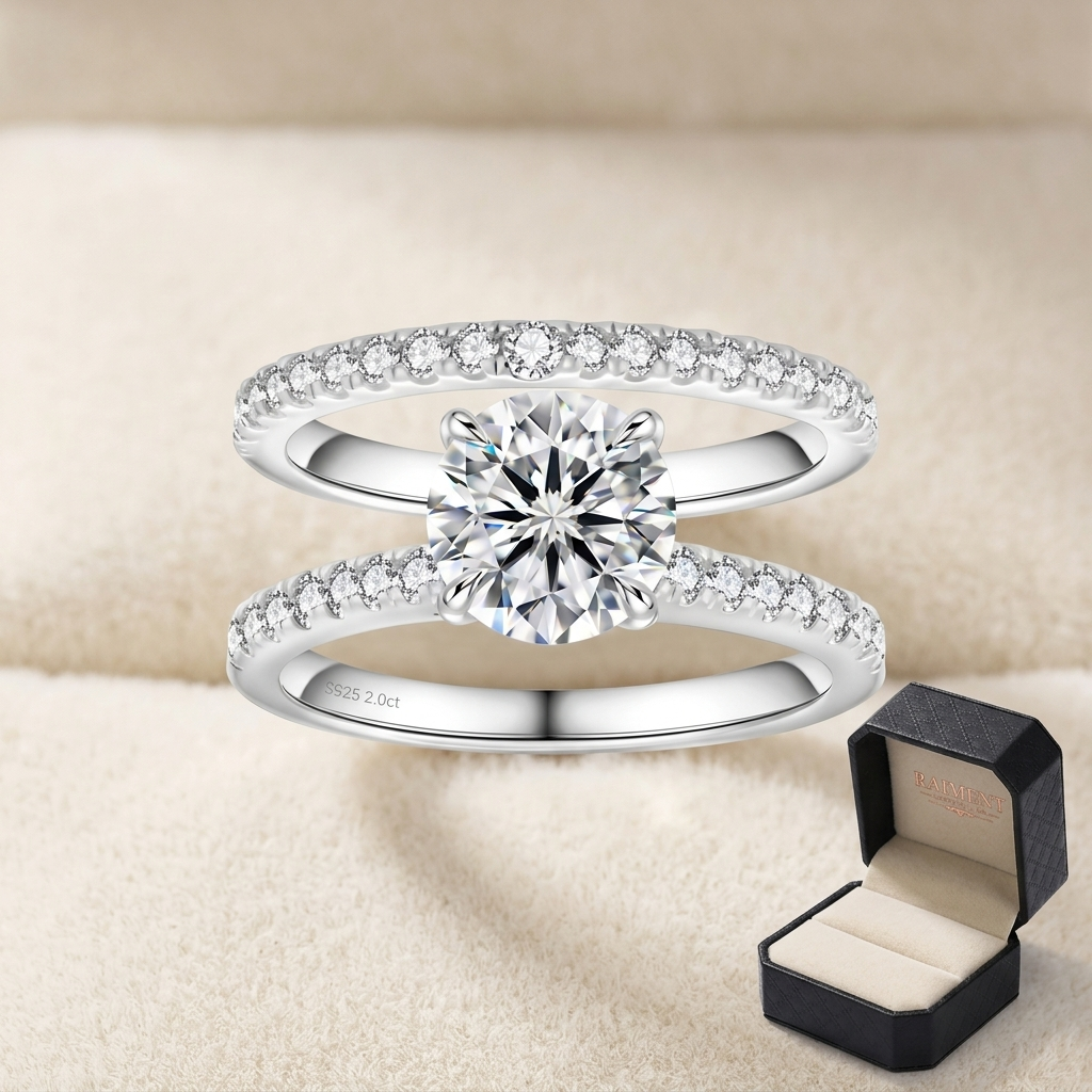 Moissanite V-halo ring on cream background, Raiment Jewelry & Co.