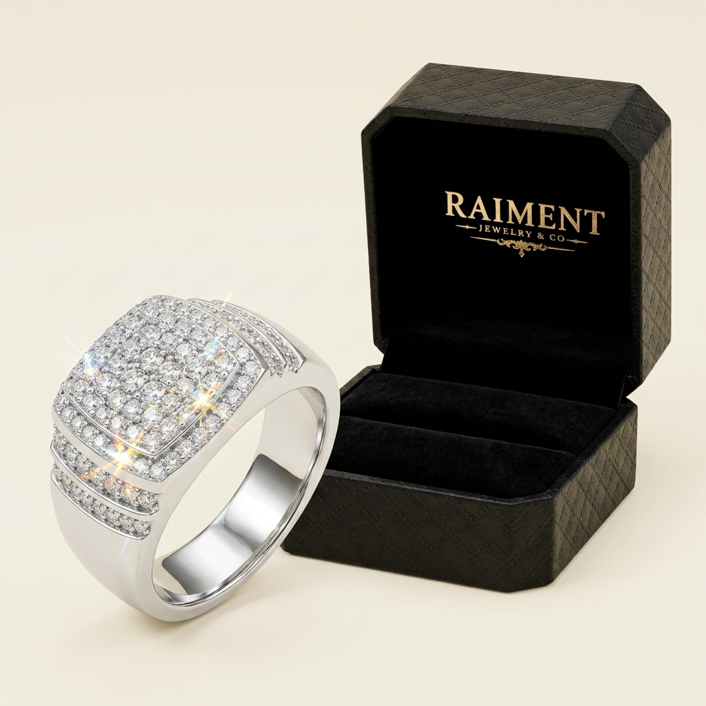 Raiment Jewelry & Co. moissanite chevron crown ring beside open jewelry box on cream background
