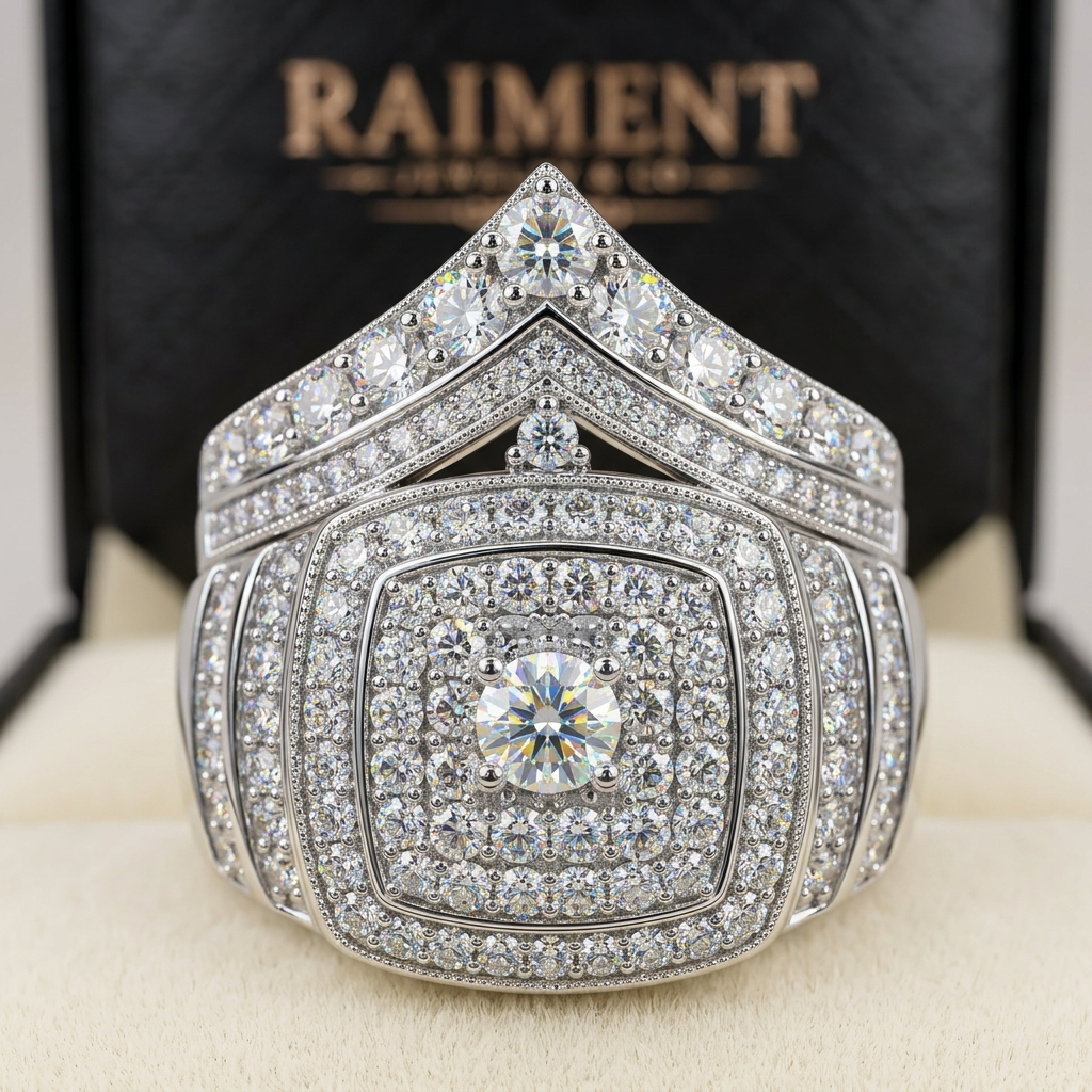 Moissanite chevron crown ring macro close-up, Raiment Jewelry & Co.