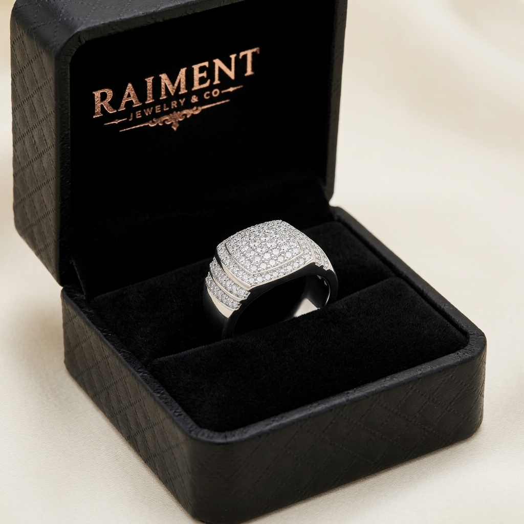 Moissanite chevron crown ring inside open jewelry box, Raiment Jewelry & Co.