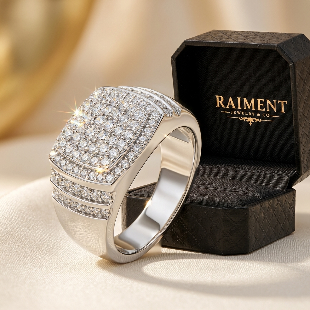 Moissanite chevron crown ring styled beside jewelry box on cream, Raiment Jewelry & Co.