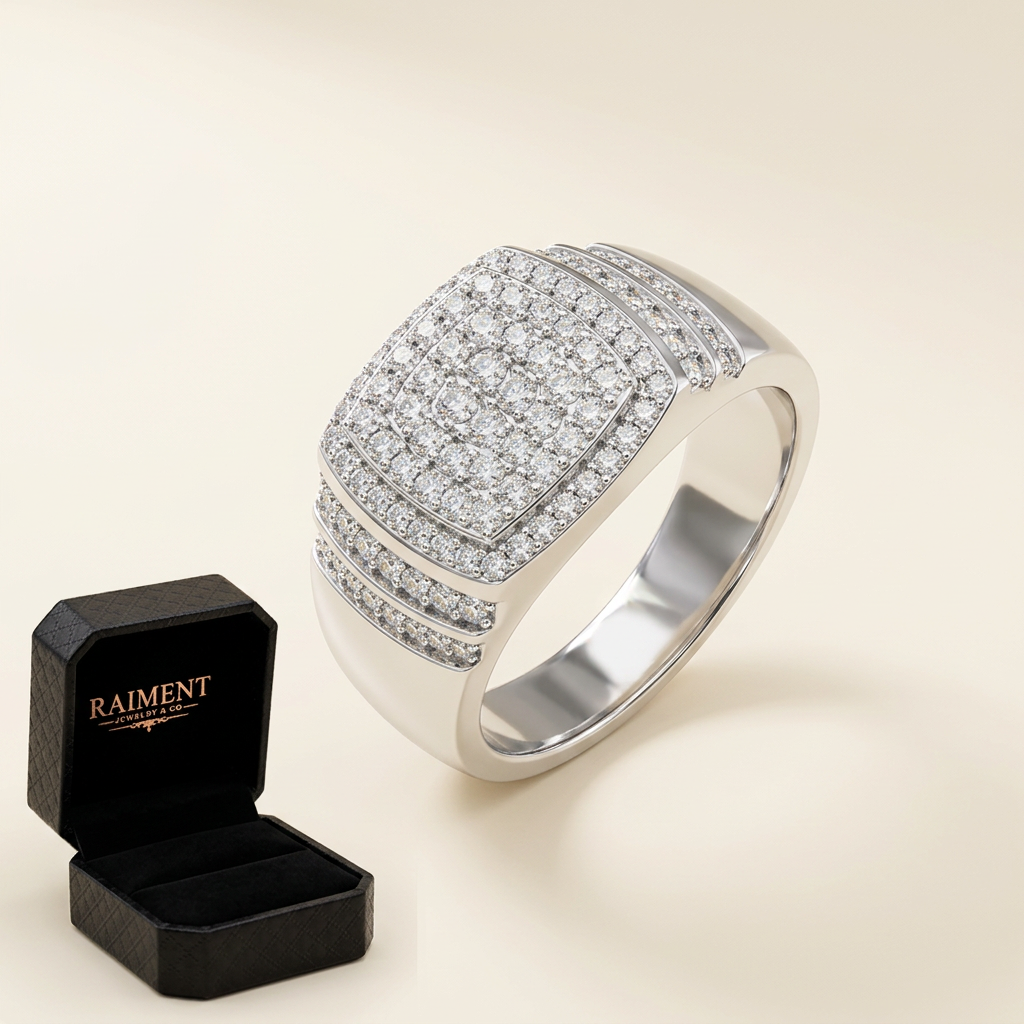 Moissanite chevron crown ring on cream background, Raiment Jewelry & Co.