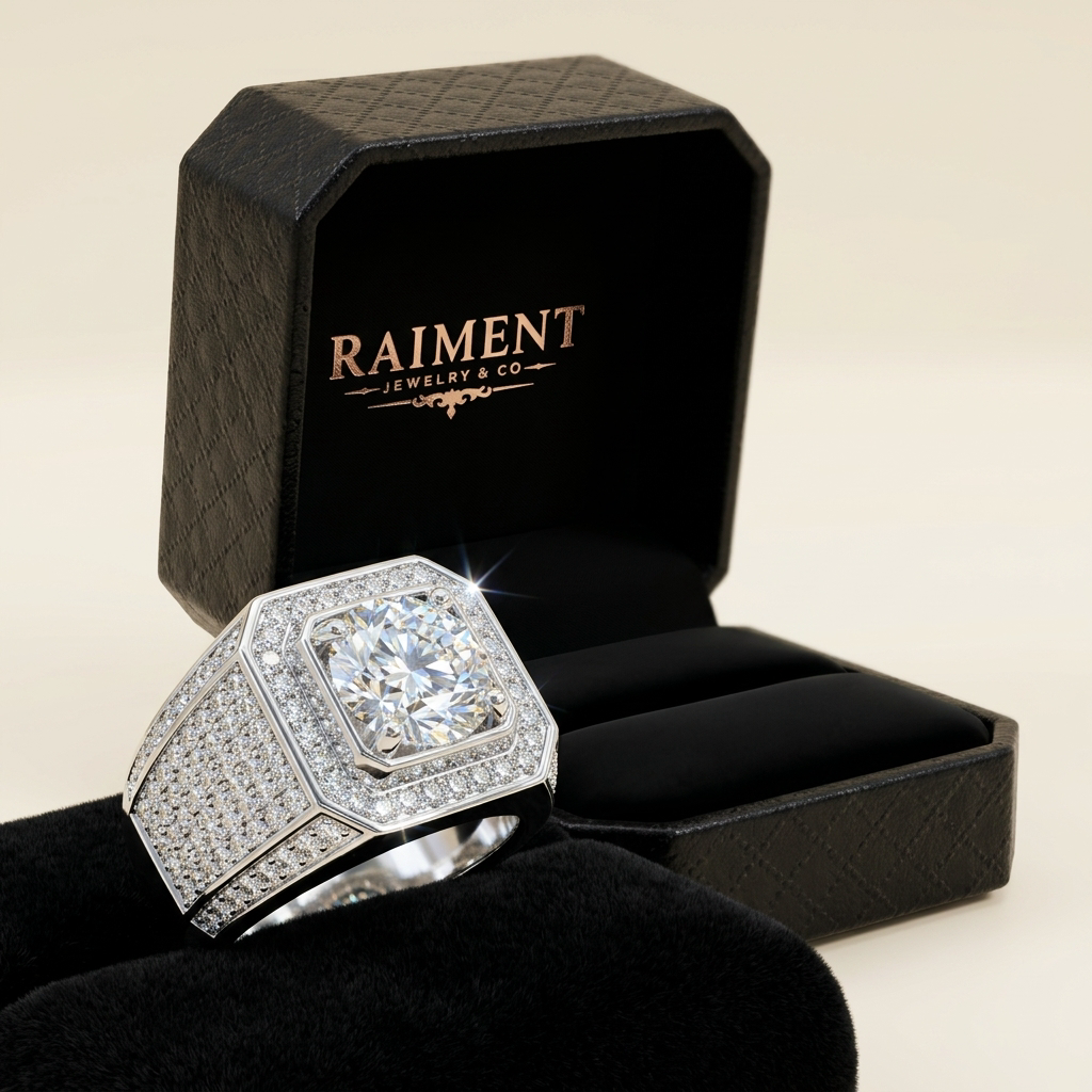 Raiment Jewelry & Co. men's iced-out beveled moissanite ring beside open jewelry box on cream background