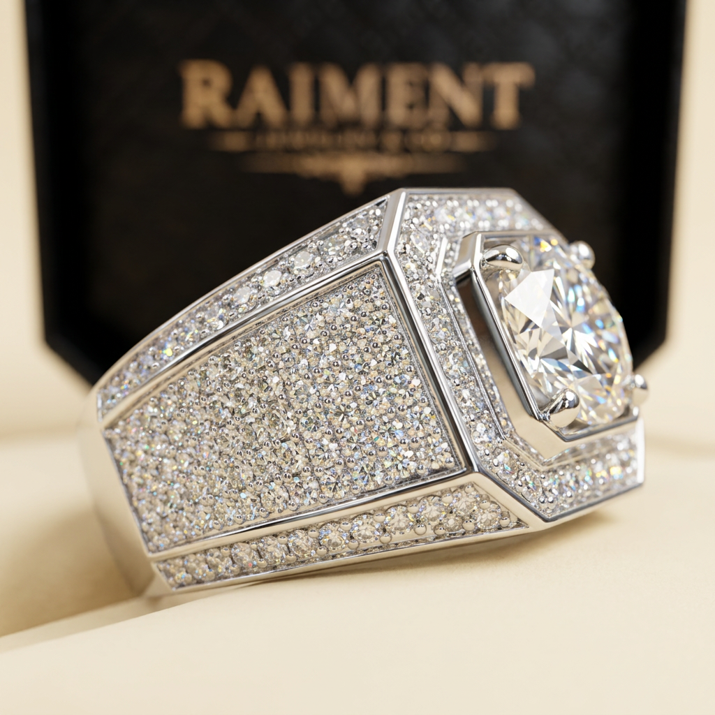 Men's iced-out beveled moissanite ring macro close-up, Raiment Jewelry & Co.