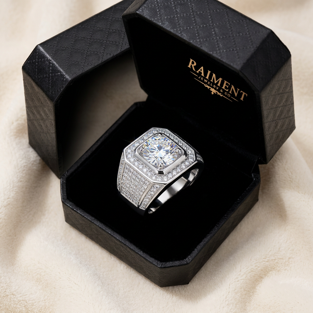 Men's iced-out beveled moissanite ring inside open jewelry box, Raiment Jewelry & Co.