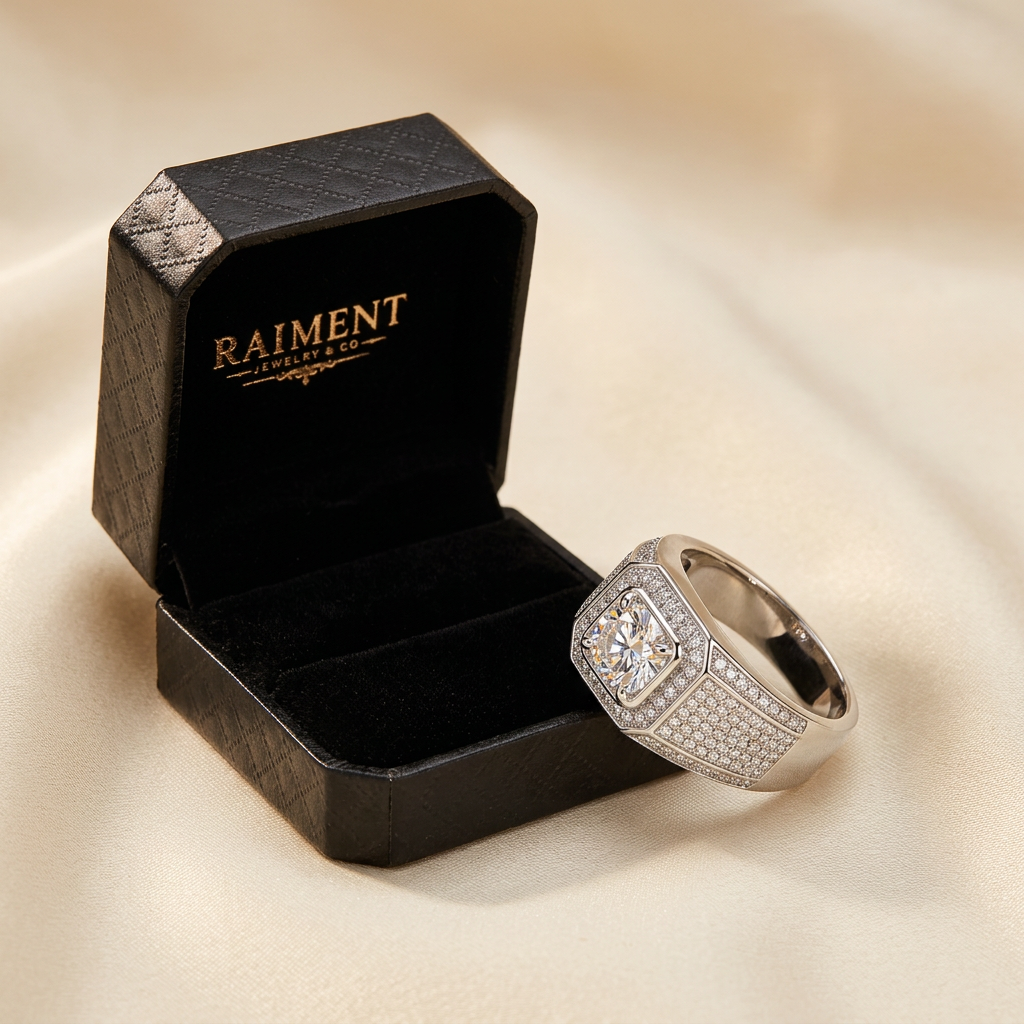 Men's iced-out beveled moissanite ring styled beside jewelry box on cream, Raiment Jewelry & Co.