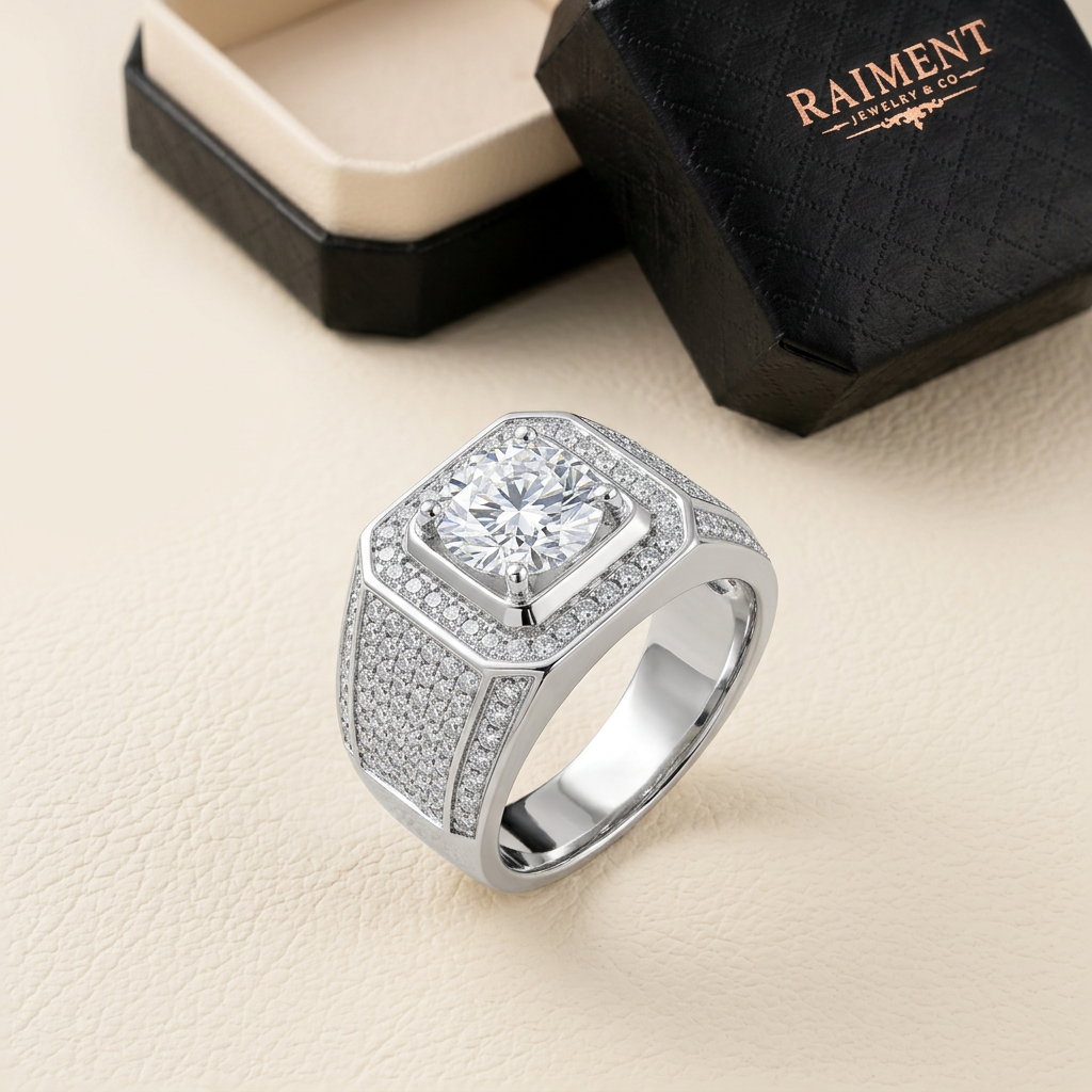 Men's iced-out beveled moissanite ring on cream background, Raiment Jewelry & Co.