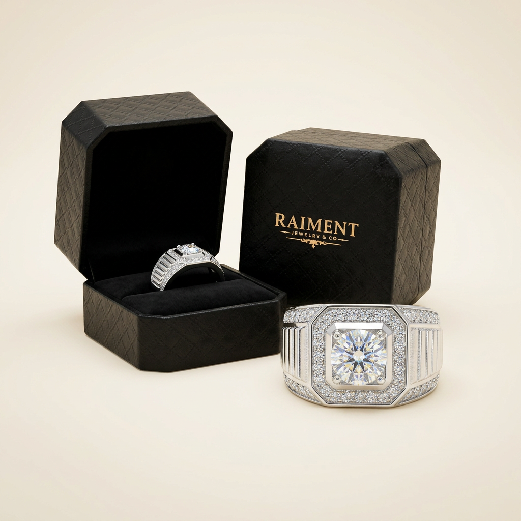 Raiment Jewelry & Co. men's iced-out ridge moissanite ring beside open jewelry box on cream background