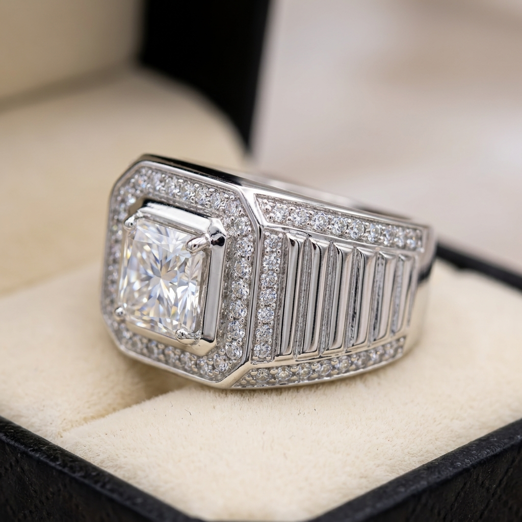 Men's iced-out ridge moissanite ring macro close-up, Raiment Jewelry & Co.