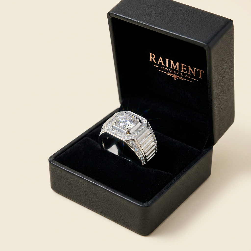 Men's iced-out ridge moissanite ring inside open jewelry box, Raiment Jewelry & Co.