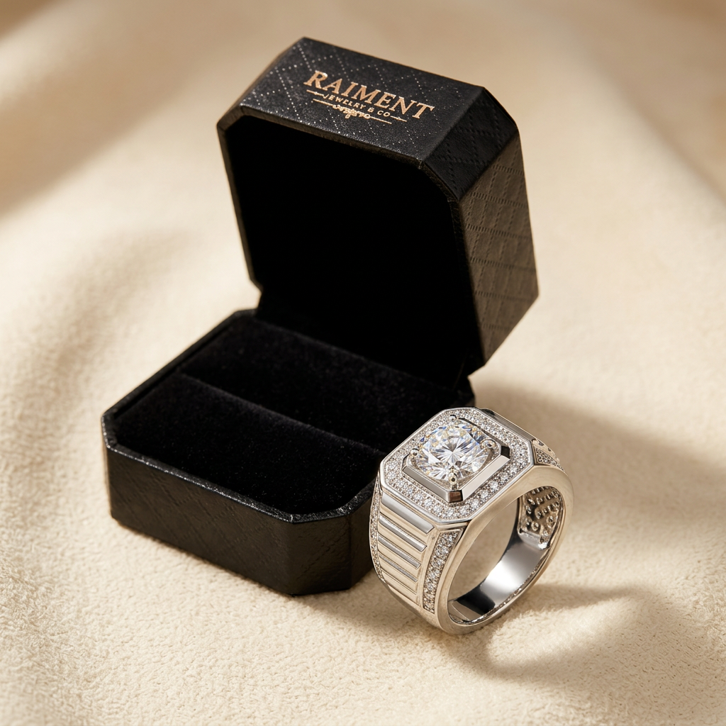Men's iced-out ridge moissanite ring styled beside jewelry box on cream, Raiment Jewelry & Co.