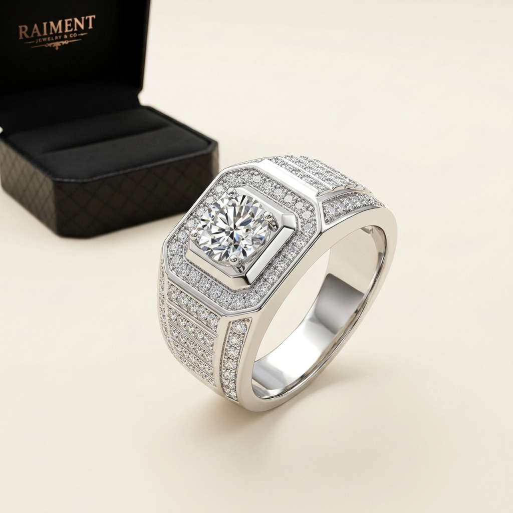 Men's iced-out ridge moissanite ring on cream background, Raiment Jewelry & Co.