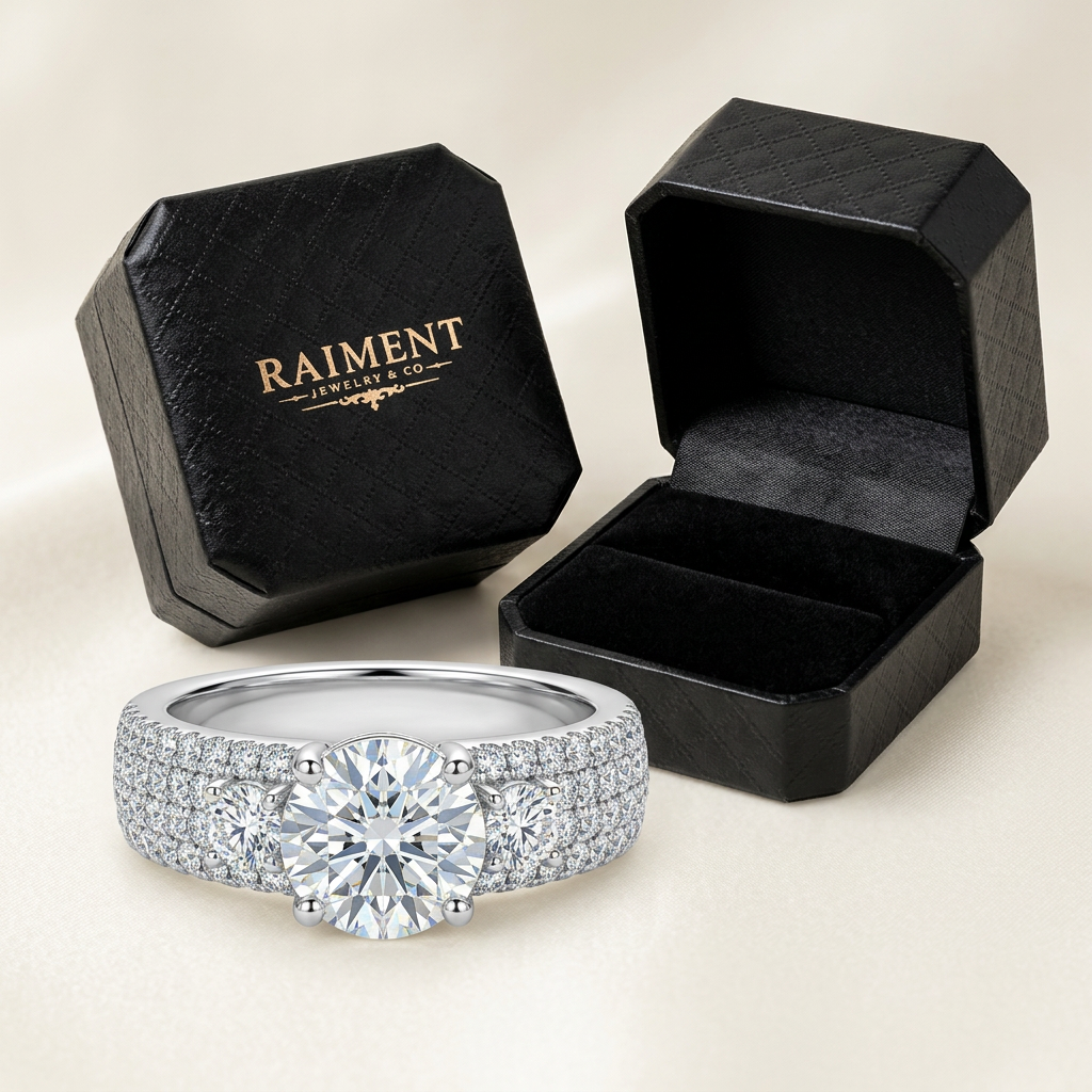 Raiment Jewelry & Co. men's iced-out moissanite ring beside open jewelry box on cream background
