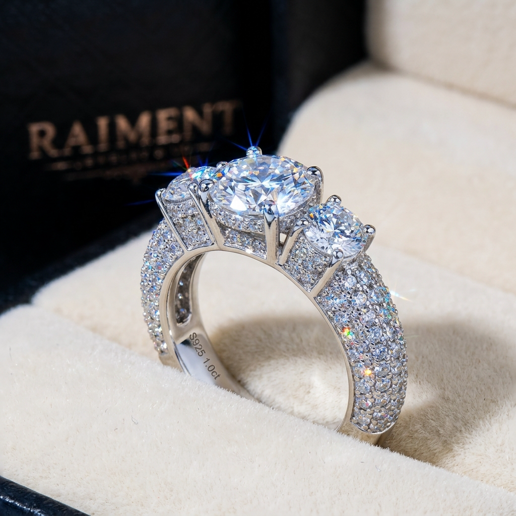 Men's iced-out moissanite ring macro close-up, Raiment Jewelry & Co.