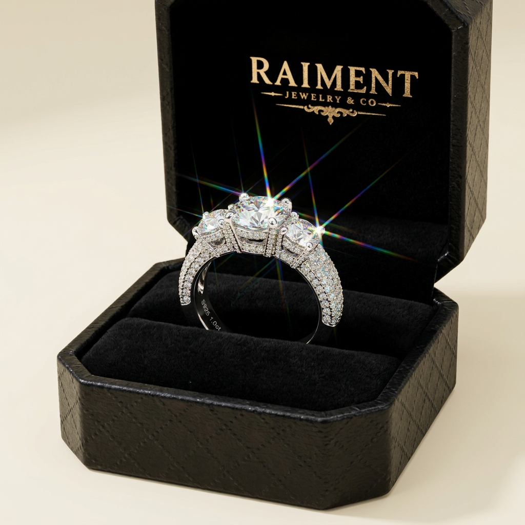 Men's iced-out moissanite ring inside open jewelry box, Raiment Jewelry & Co.