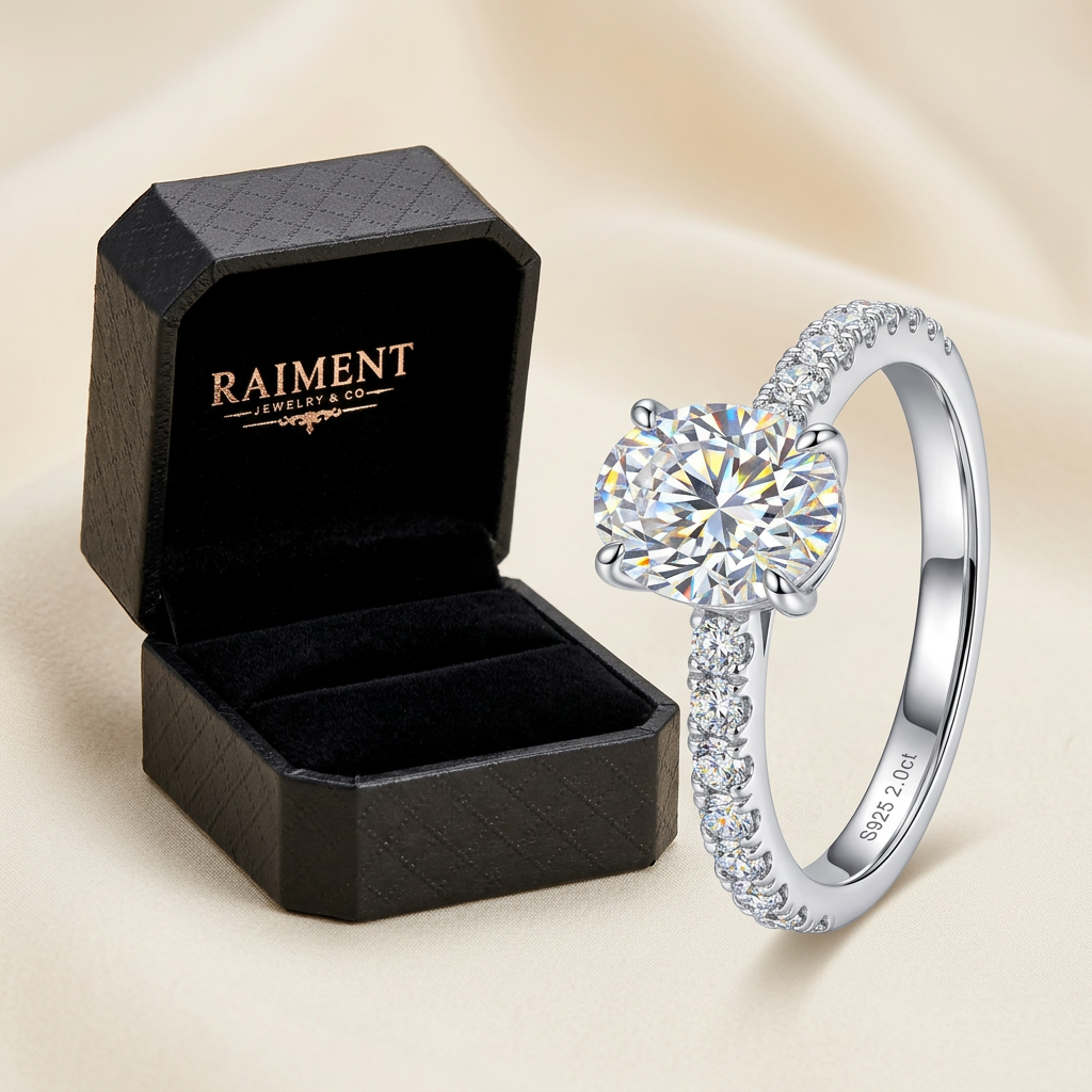 Raiment Jewelry & Co. men's iced-out moissanite ring beside open jewelry box on cream background