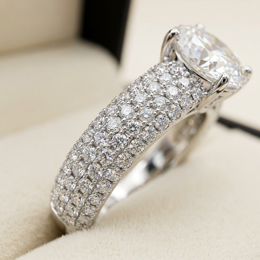 Men's iced-out moissanite ring macro close-up, Raiment Jewelry & Co.