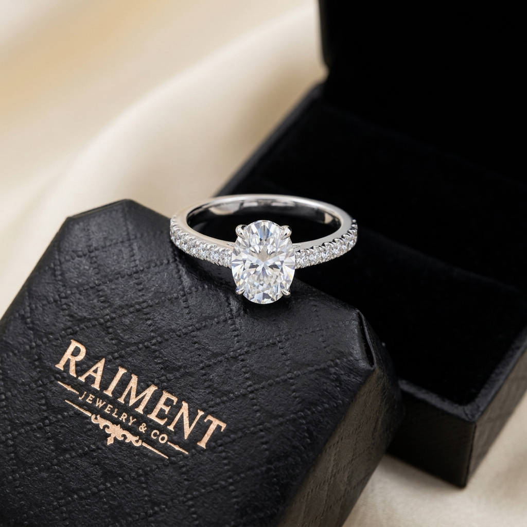 Men's iced-out moissanite ring inside open jewelry box, Raiment Jewelry & Co.