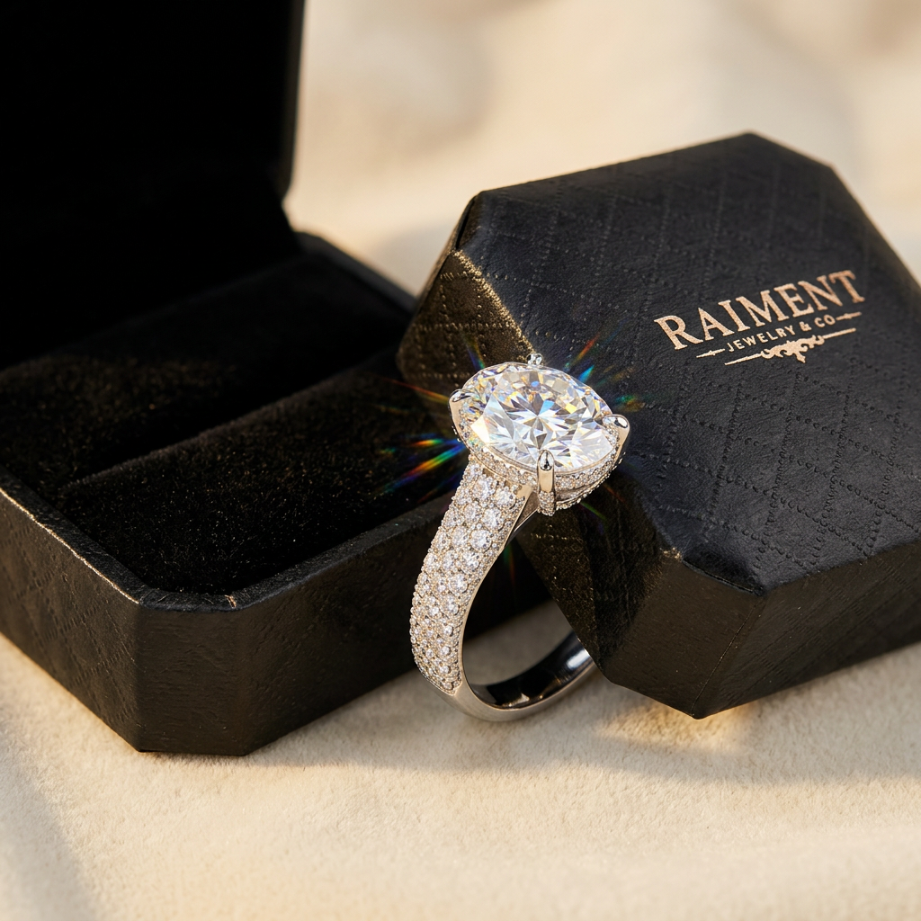 Men's iced-out moissanite ring styled beside jewelry box on cream, Raiment Jewelry & Co.