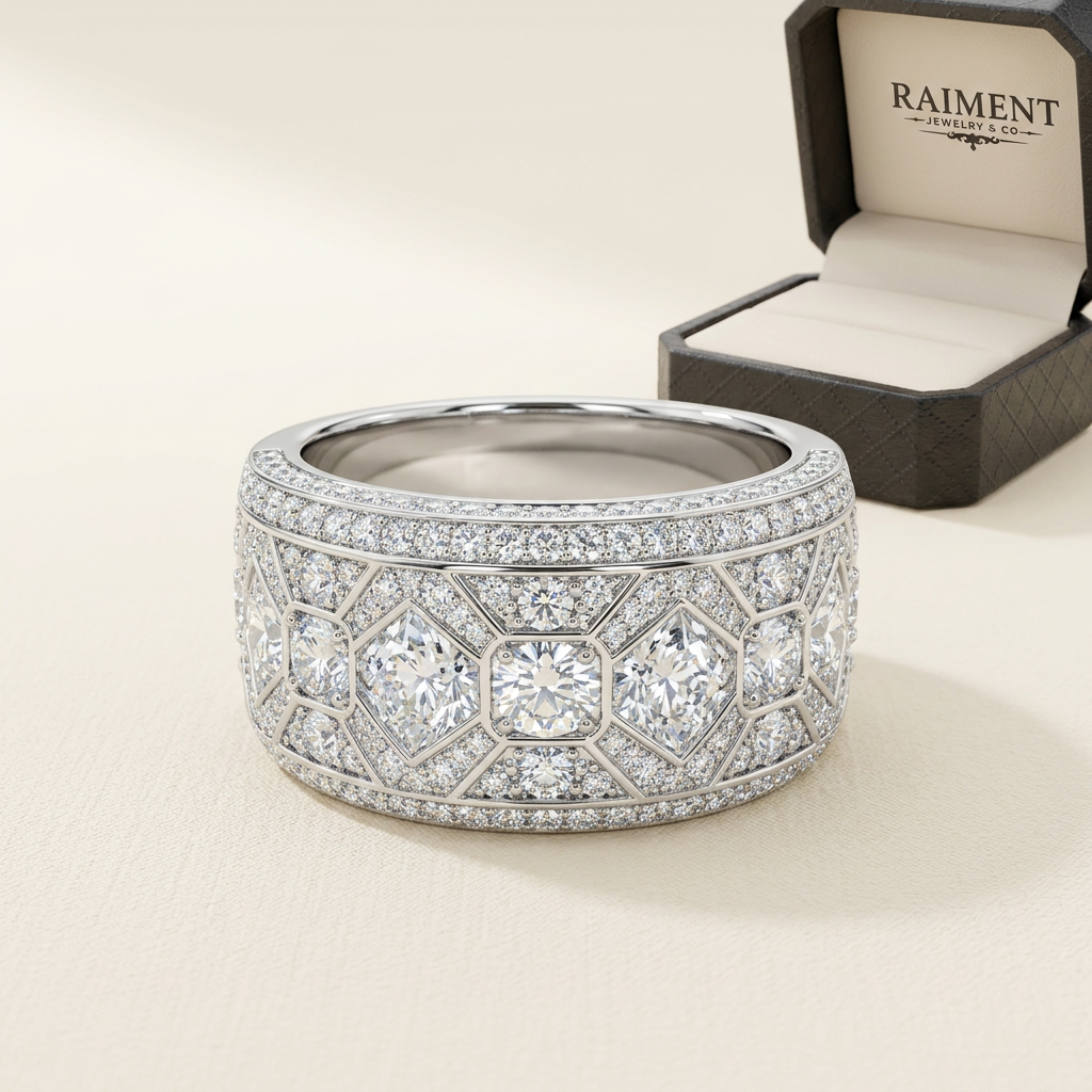 Men's iced-out moissanite ring on cream background, Raiment Jewelry & Co.