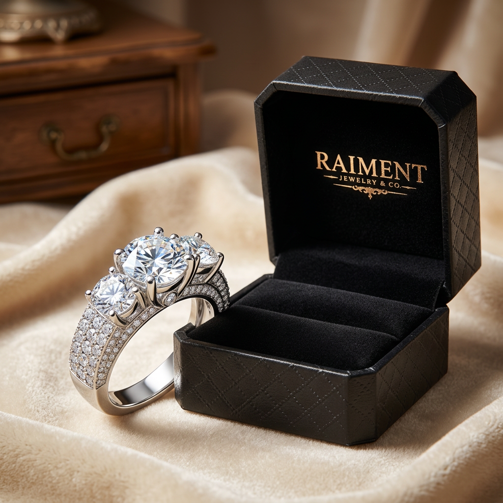 Men's iced-out moissanite ring styled beside jewelry box on cream, Raiment Jewelry & Co.