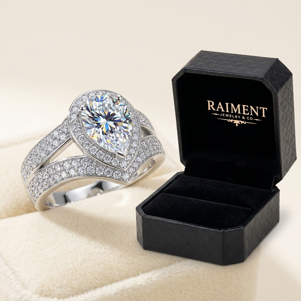 Raiment Jewelry & Co. men's iced-out moissanite ring beside open jewelry box on cream background