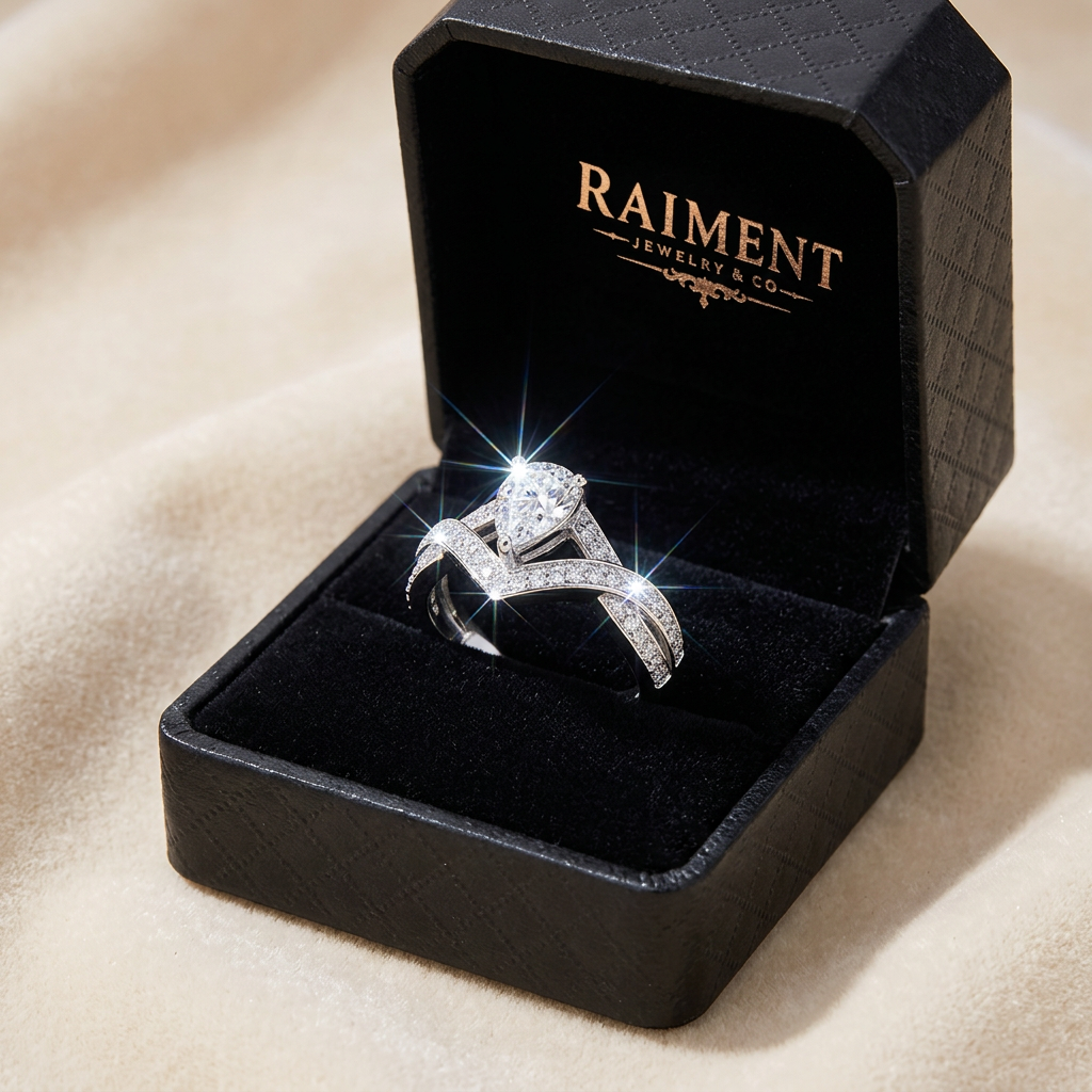 Men's iced-out moissanite ring inside open jewelry box, Raiment Jewelry & Co.