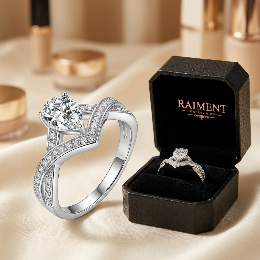 Men's iced-out moissanite ring styled beside jewelry box on cream, Raiment Jewelry & Co.