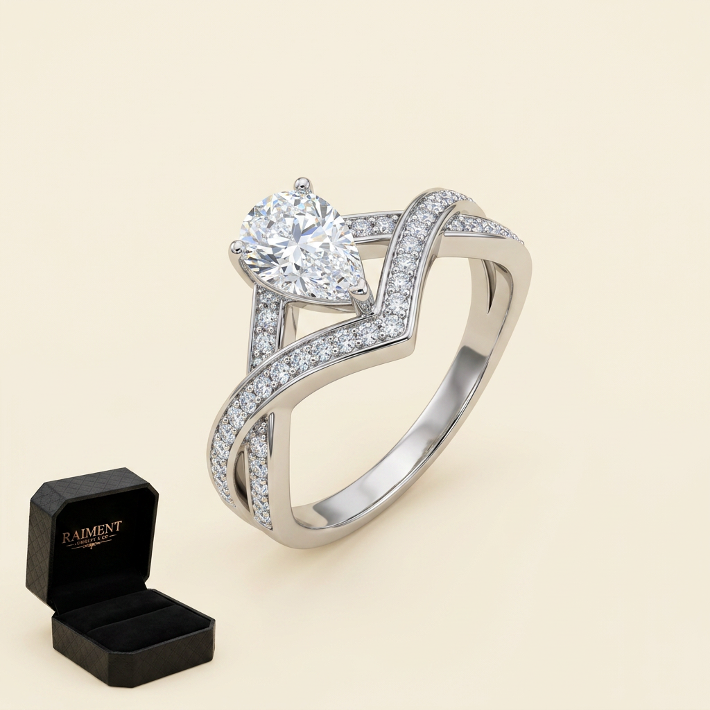 Men's iced-out moissanite ring on cream background, Raiment Jewelry & Co.