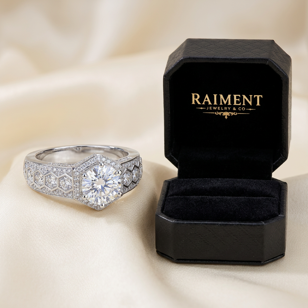 Raiment Jewelry & Co. men's iced-out moissanite ring beside open jewelry box on cream background
