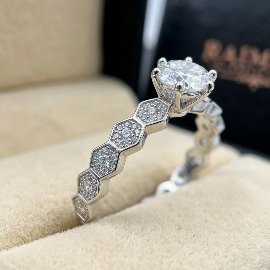 Men's iced-out moissanite ring macro close-up, Raiment Jewelry & Co.